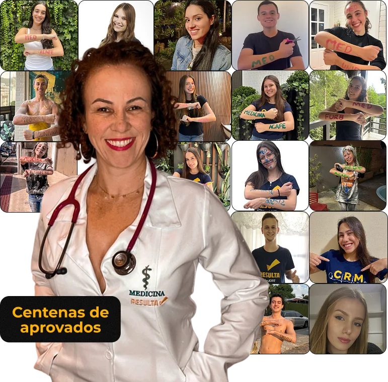 Profª Janna de jaleco, cercada por fotos de centenas de alunos aprovados em Medicina